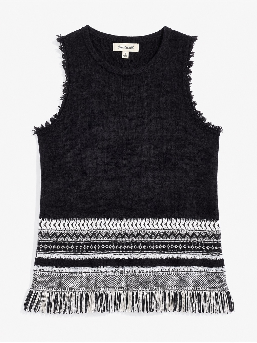 Madewell Black Sleeveless Sweater Tank Fringe Hem Textured Boho Top Small